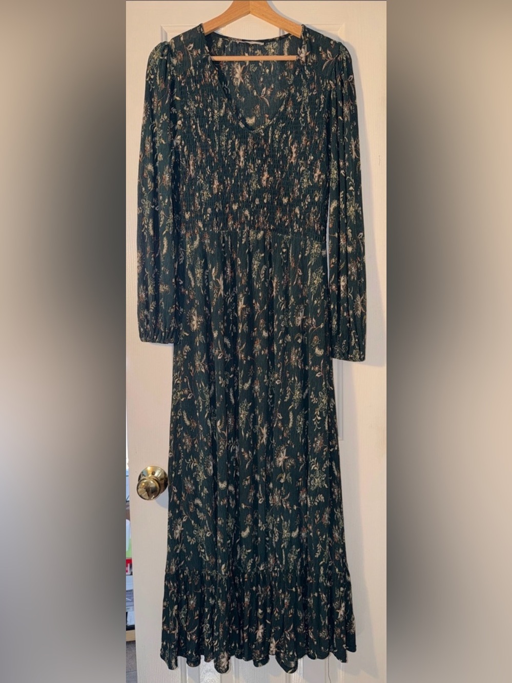 Mango MNG Green Floral Pleated Maxi Dress Long Sleeve Square Neck Size M 6